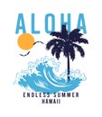 Aloha, Hawaii t-shirt design with waves, palm tree and sun.